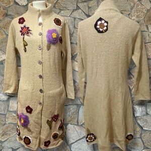 Relais Knitware Maxi Duster Cardigan Knitted Raised Floral Accents Medium VGUC